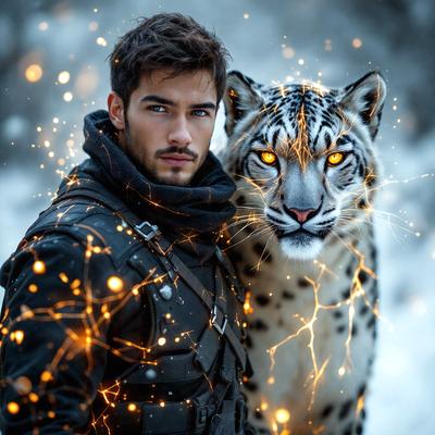 The primary subject of the image is a man standing next to a tiger. The man is wearing a black jacket and a scarf, and the tiger appears to be glowing with a yellow light. The setting is outdoors, with a snowy background visible. The visual style of the image is a combination of a photo and digital art, creating a unique and captivating scene. The dominant colors in the image are black, yellow, and white, giving the scene a dramatic and striking appearance.